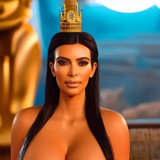 Image similar to kim kardashian in alladin live action, 8k full HD photo, cinematic lighting, anatomically correct, oscar award winning, action filled, correct eye placement,