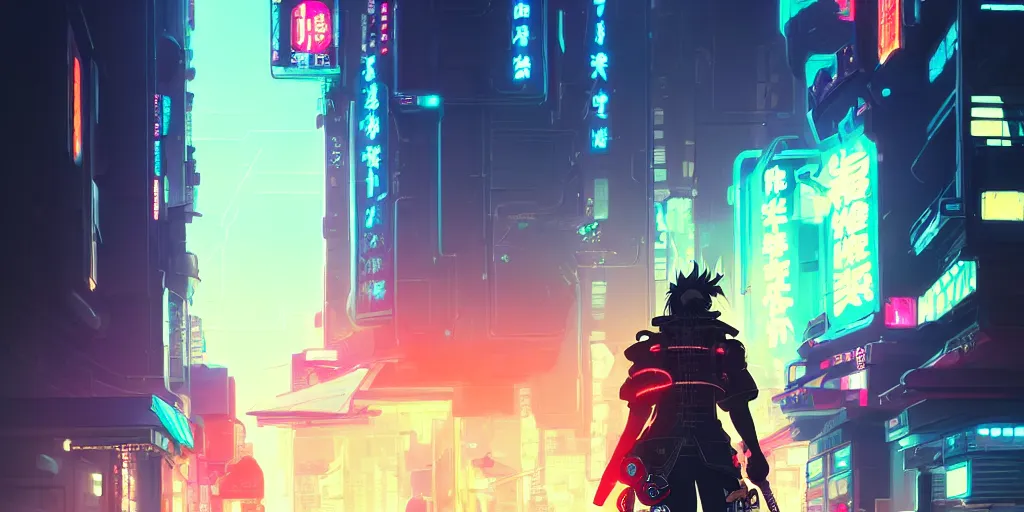 Image similar to digital illustration closeup portrait of cyberpunk samurai in city street at night by makoto shinkai, ilya kuvshinov, lois van baarle, rossdraws, basquiat | afrofuturism, in the style of hearthstone, trending on artstation | cool color scheme