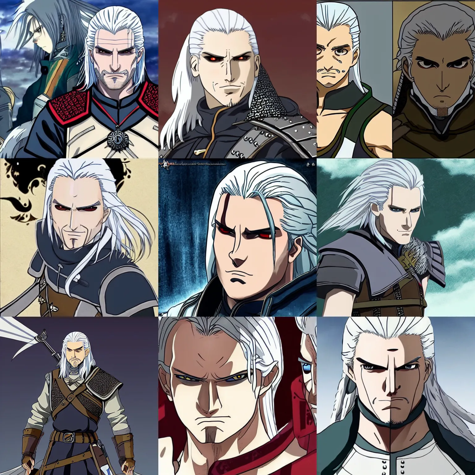 Prompt: geralt of rivia as an anime character