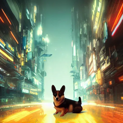 Prompt: a corgi going through portal to a cyberpunk blade runner city, art nouveau, reylia slaby, peter gric, trending on artstation, volumetric lighting, cgsociety, unreal engine, octane, 8 k, 4 k, high definition