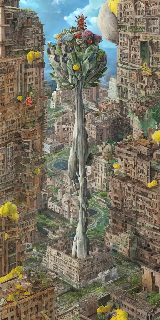 Image similar to giant grotesque flower in the middle of abandoned early soviet constructivist cityscape, Stalinist architecture, ultradetailed by Hayao Miyazaki and Josan Gonzalez and Makoto Shinkai and Giuseppe Arcimboldo and Wes Anderson