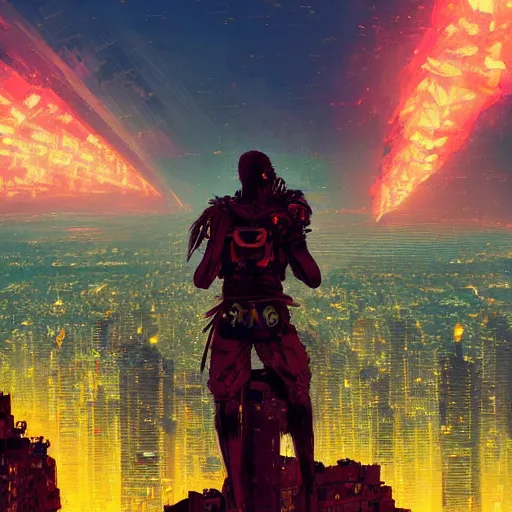 Prompt: a cyberpunk zulu warrior sitting on a cliff watching an enormous metropolitan city burn!!!! from a distance at night, fire, by alena aenami and android jones and greg rutkowski, Trending on artstation, hyperrealism, elegant, stylized, highly detailed digital art, 8k resolution, hd, global illumination, radiant light, detailed and intricate cyberpunk ghetto environment, rendered in octane, post processed, wide angle, dynamic portrait