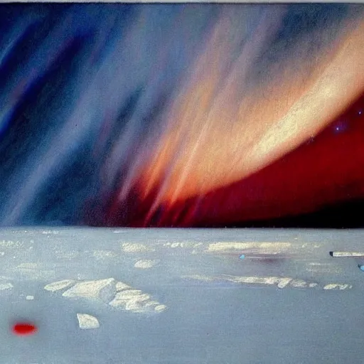 Image similar to the epic abstract painting'blue arctic void with black and red aurora borealis above a tiny inuit village ', by caspar david friedrich!!!, by rothko!!!, stunning masterpiece, trending on artstation