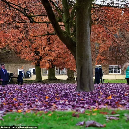 Image similar to I was standing alone in my old school playground Purple leaves blowing everywhere All my teeth started falling out And Boris Johnson was standing there