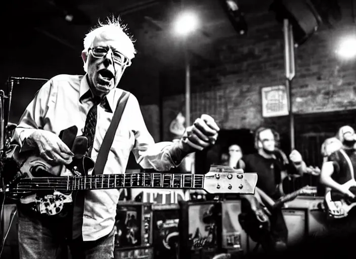 Image similar to publicity photo still of bernie sanders in a punk band playing live on stage, 8 k, live concert lighting, mid shot