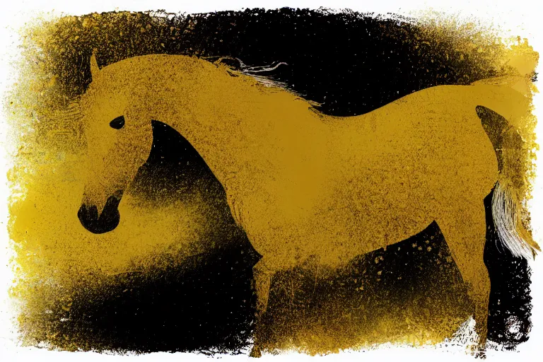 Image similar to beautiful serene horse, healing through motion, minimalistic golden ink aribrush painting on white background