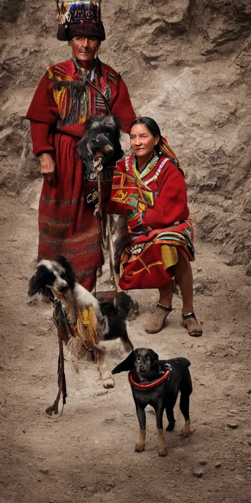 Image similar to indigenous Cuzco Couple with Dog, Peru in 1950, andean clothing, unreal 5, hyper realistic, realistic, photo realistic, dynamic lighting, highly detailed, cinematic landscape, studio landscape, studio lighting