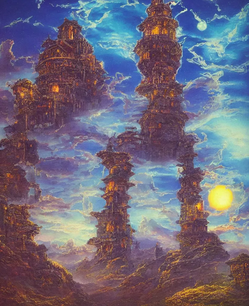 Image similar to “ a detailed painting in the style of noriyoshi ohrai of an ancient holy tower, it is a glowing fortress and has iridescent mana radiating from it into the aether. it is centered. the background is the sky at night. retrofuturistic fantasy ”