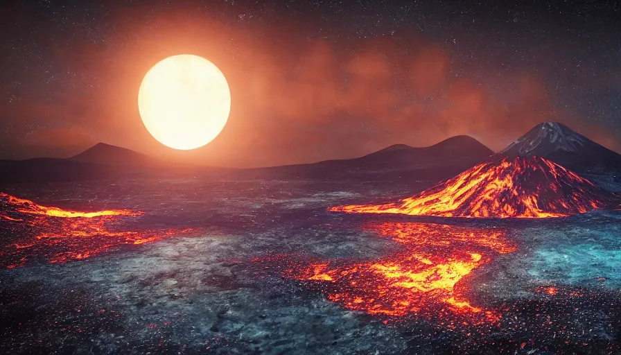 Prompt: volcano at night, island in front of the full moon, shimmering stars, moody atmosphere, glowing lava, water, unreal engine, realistic shading, realistic render, octane render, detailed textures, photorealistic, wide shot