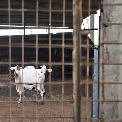 Image similar to dirty bottle of milk and a cow inside slaughterhouse