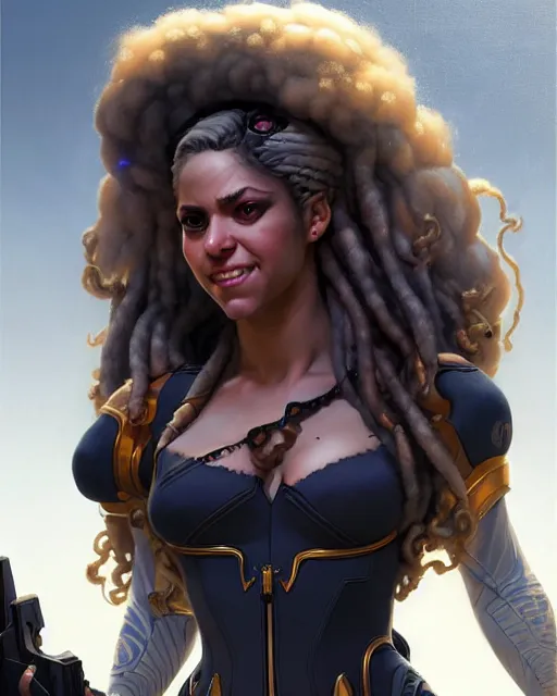 Image similar to shakira as widow from overwatch, portrait, close up, concept art, intricate details, highly detailed by greg rutkowski, michael whelan and gustave dore