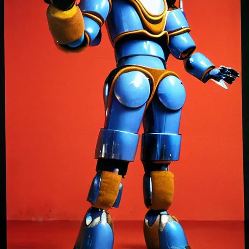 Image similar to a 1 9 8 0 s advertisement from a convention center displaying a monk in a mecha full body suit, highly detailed, sharp focus, hq, post grunge, subtle colors.