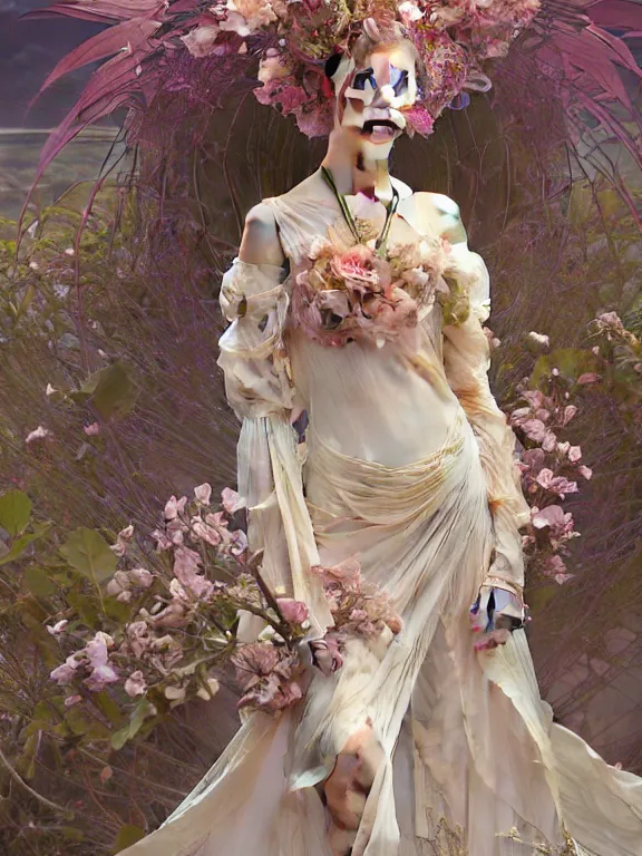 Prompt: Full view Ethereal Floralpunk elysian Maiden of radiant light wearing ivory dress made of stardust masterpiece 4k digital illustration by Ruan Jia and Mandy Jurgens, award winning, Artstation, art nouveau aesthetic, Alphonse Mucha background, intricate details, realistic, panoramic view, Hyperdetailed, 8k resolution, intricate art nouveau