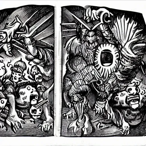 Prompt: medieval bestiary of repressed emotion monsters and creatures starting a fiery revolution in the psyche, in the style of vintage black and white Fleischer cartoons