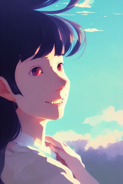 Image similar to portrait of a smiling girl by ilya kuvshinov, cloudy sky background lush landscape ln illustration concept art anime key visual trending pixiv by victo ngai fanbox by greg rutkowski makoto shinkai takashi takeuchi studio ghibli