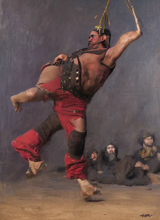 Prompt: Old west circus wrestler (rdr2). Iranian orientalist portrait by john william waterhouse and Edwin Longsden Long and Theodore Ralli and Nasreddine Dinet, oil on canvas. Cinematic, hyper realism, realistic proportions, dramatic lighting, high detail 4k