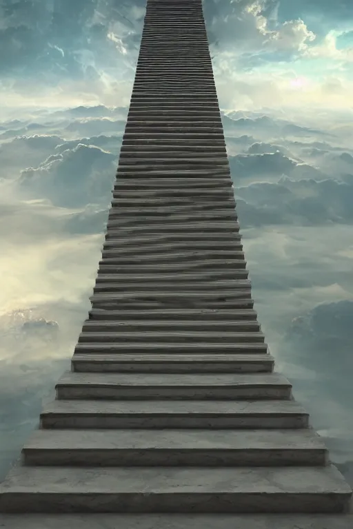 Image similar to infinite stairs rising to the heaven in the middle of the sky, concept art, octane render, unreal engine 5, digital painting, hyperrealistic, highly detailed, high quality, 8 k hdr, digital art, clouds in the sky, breathtaking view, path traced, god, godrays, beautiful, elegant, harmonious, complementary colors, natural lighting