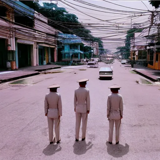 Prompt: Symmetric Wes Anderson film still in Saigon without people. Establishing shot. 8k resolution. Pastel. Sharp. Whimsical.