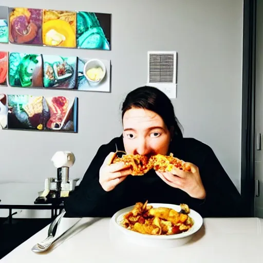 Prompt: “ twitch streamer eating food on his lunch break, award winning photography angle used to capture the savory moment, hyper realistic, LED lights in her room, room is made of 💩🇯🇵🅿️”