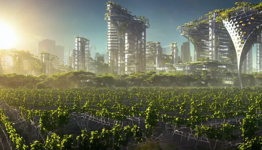 Sunrise over solarpunk city, vines, many trees and, Stable Diffusion