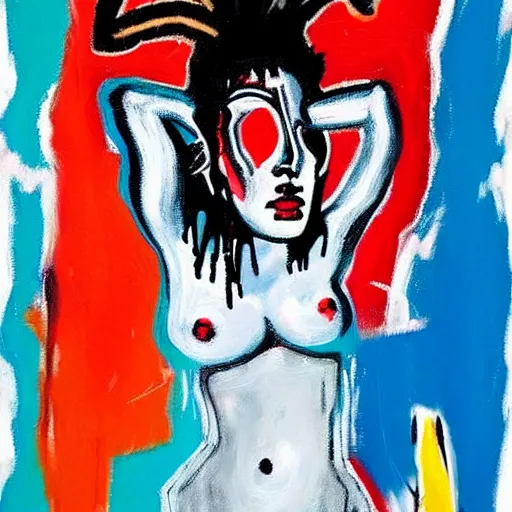 Image similar to A pretty woman with devil horns wearing a silver mini dress standing on the ocean, pitchfork, creative background, abstract jean-Michel Basquiat oil painting with thick paint strokes, oil on canvas, intricately!!! detailed!!!