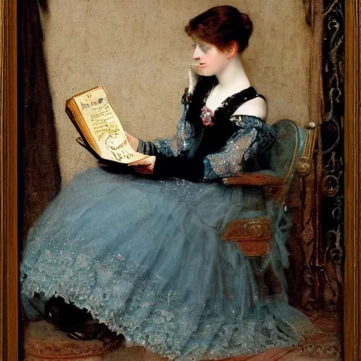 Image similar to young victorian lady in ball gown reading a book, painted by alfred stevens