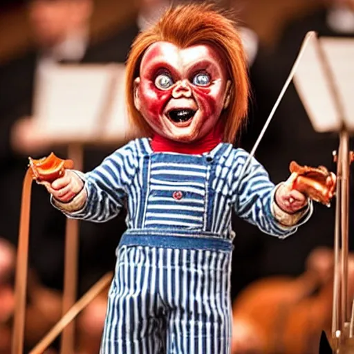 Prompt: handsome and well dressed screaming chucky doll conducting an orchestra