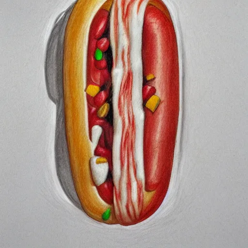 Prompt: hotdog floating, milk, lactose, colored pencil drawing