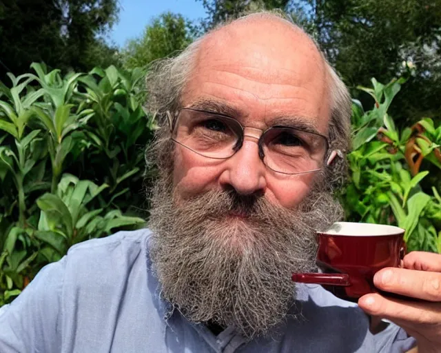 Prompt: mr robert is drinking fresh tea in a garden from spiral mug, detailed face, wearing glasses, grey beard, 4 k