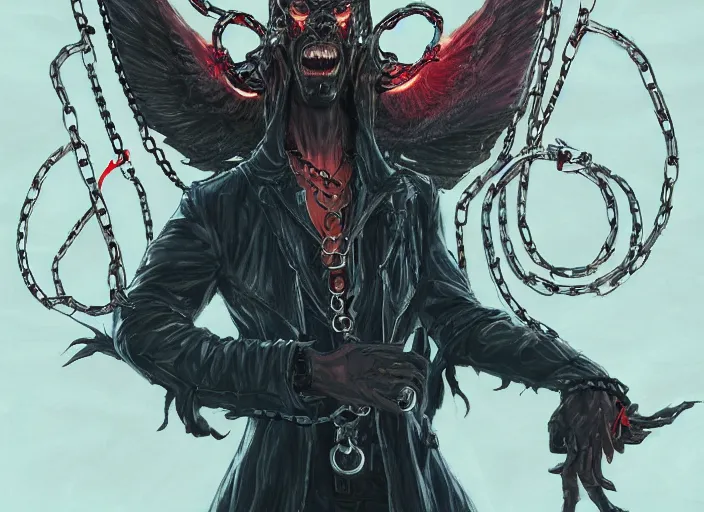 Image similar to lucifer, dark angel, hybrid human with snake, red eyes, chain, handcuffs, large chain, wide open mouth, scream, cruelty, sea bottom, light effect, highly detailed, artstation, concept art, matte, sharp focus, illustration, by dan mumford, yusuke murata, makoto shinkai, ross tran