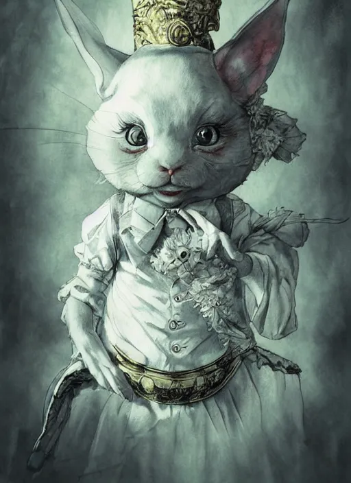 Image similar to portrait, Psychotic white rabbit from Alice in wonderland, pocket watch, watercolor, dramatic lighting, cinematic, establishing shot, extremely high detail, foto realistic, cinematic lighting, pen and ink, intricate line drawings, by Yoshitaka Amano, Ruan Jia, Kentaro Miura, Artgerm, post processed, concept art, artstation, matte painting, style by eddie mendoza, raphael lacoste, alex ross