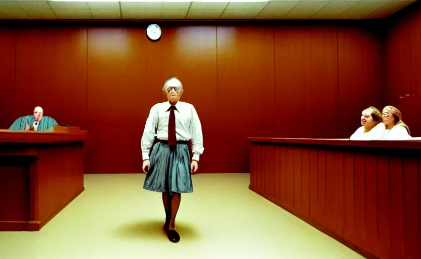 Image similar to a man in a skirt in a courtroom, no blur, 4 k resolution, ultra detailed by william eggleston