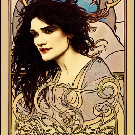 Image similar to rachel weisz portrait by louis - theophile hingre and alphonse mucha, realistic, sharp focus, zodiac signs, tarot cards, planets, ethereal, art nouveau, magic, moon, sun, crown, dreamy, royal, jewellery