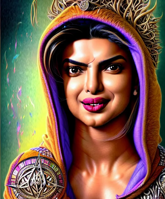 Prompt: Portrait of Priyanka Chopra , D&D, fantasy, intricate, richly detailed colored pencil 3D illustration of a beautiful with long metallic hair wearing a hoodie and short shorts that is evil and happy. mirrored background with completely rendered reflections, art by Range Murata and Artgerm highly detailed, digital painting, trending on artstation, sharp focus, illustration, style of Stanley Artgerm, perfect smile and tooth