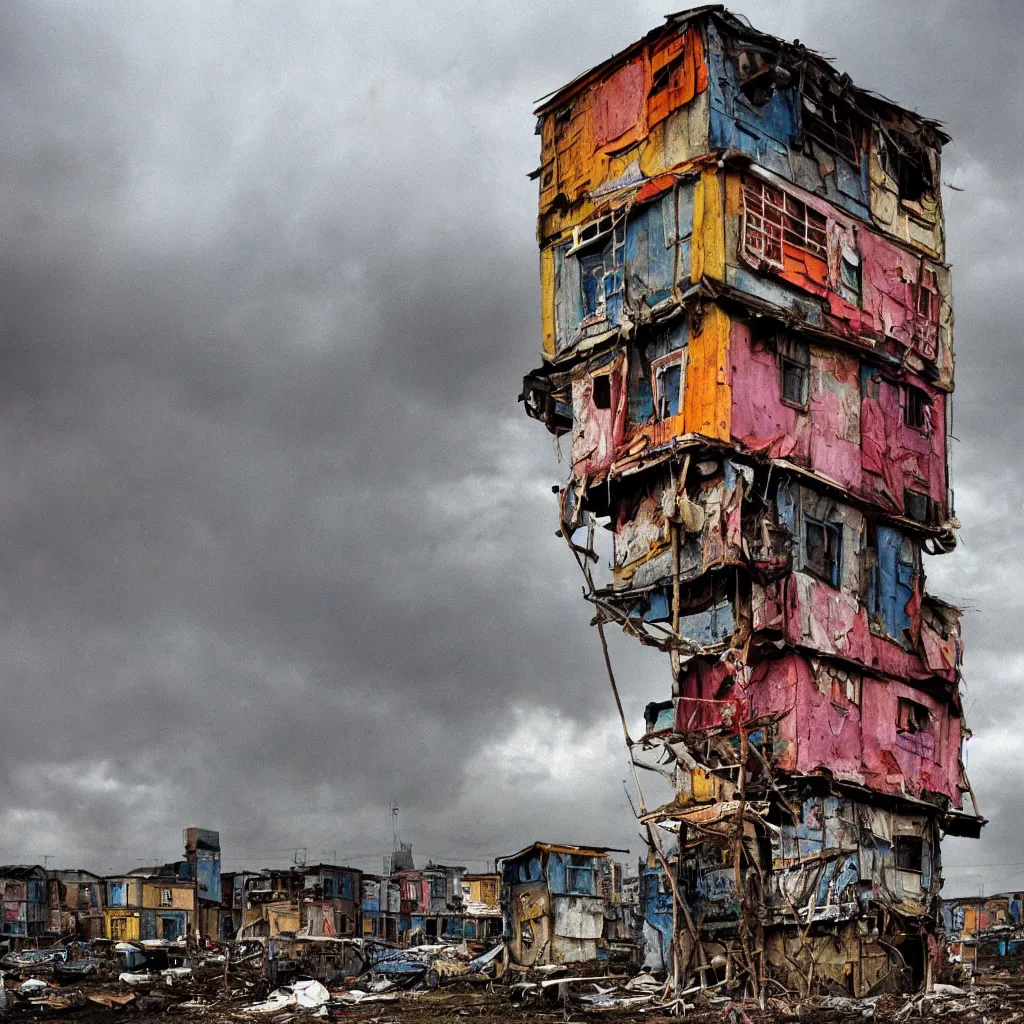 Prompt: close - up view of a tower made up of colourful makeshift squatter shacks with bleached colours, moody cloudy sky, dystopia, mamiya, f 1. 8, very detailed, photographed by bruno barbey