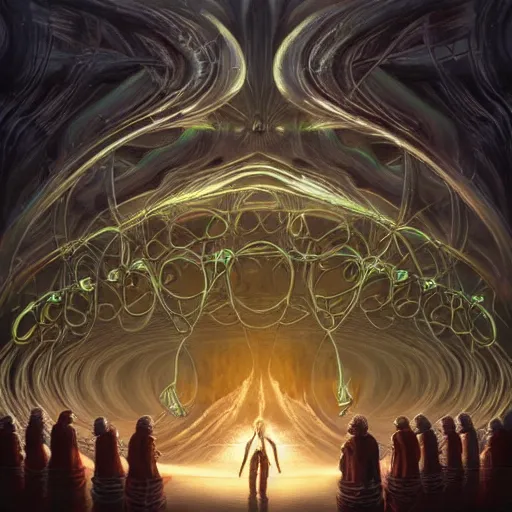 Image similar to a quantum computer surrounded by a dark cabal of hooded elven mystics gathered in a circular formation, michael whelan art, dan seagrave art, cgsociety, artstation, epic scifi fantasy art