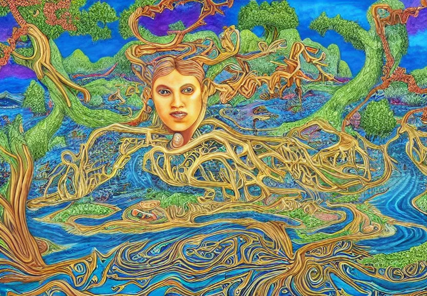 Image similar to An intricate, extremely detailed painting in a style of Alex Grey featuring a river in Europe, surrounded by trees and fields. A dinghy is slowly moving through the water. Sun is shining.