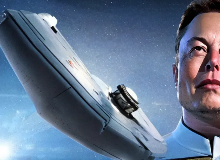 Image similar to captain elon musk of the uss enterprise, star trek, movie still, high quality, heroic, epic lighting, cinema, cinematography, directed by michael bay