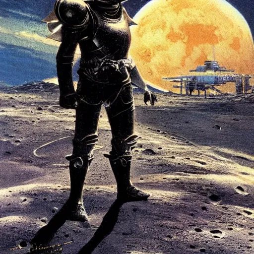 Prompt: crusader knight in armor standing on the moon, vintage sci - fi art, by bruce pennington