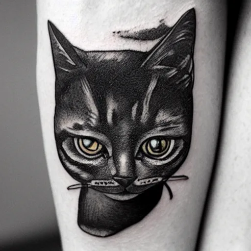 Image similar to stick and poke tattoo of a cat with 4 eyes, black and white tattoo, linework