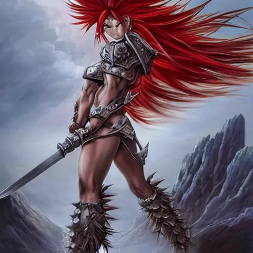 Image similar to realistic art style, warrior girl, muscular girl, wild spiky red saiyan hair, long spiky hair, electrified hair, holding scimitar made of bone, scimitar, sword, jagged sword, curved sword, orkish sword, colorized, gray skin, hyper - detailed, primeval fantasy, prehistoric fantasy, art by jacques - louis david