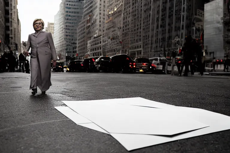 Image similar to closeup potrait of Hillary Clinton leaving behind a trail of envelopes in a new york street, screen light, sharp, detailed face, magazine, press, photo, Steve McCurry, David Lazar, Canon, Nikon, focus