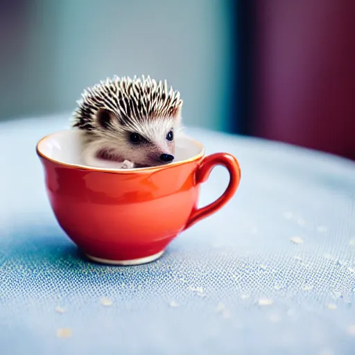 Prompt: baby hedgehog in a teacup, photography, bokeh, minimalistic, 8 k