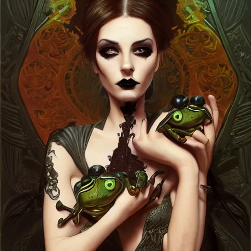 Image similar to attractive goth woman with a frog, intricate, highly detailed, digital painting, artstation, concept art, smooth, sharp focus, illustration, unreal engine 5, 8 k, art by artgerm and greg rutkowski and alphonse mucha