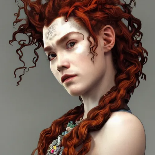 Image similar to Masterpiece head and shoulders Portrait of Aloy from Horizon Zero Dawn with red curly hair drawn by Tom Bagshaw and Donato Giancola, face by Artgerm, overall design by Alphonse Mucha, background by James Jean and Gustav Klimt, light by Julie Bell, 4k, porcelain skin, komorebi, french nouveau, trending on artstation, octane render, hyperrealistic