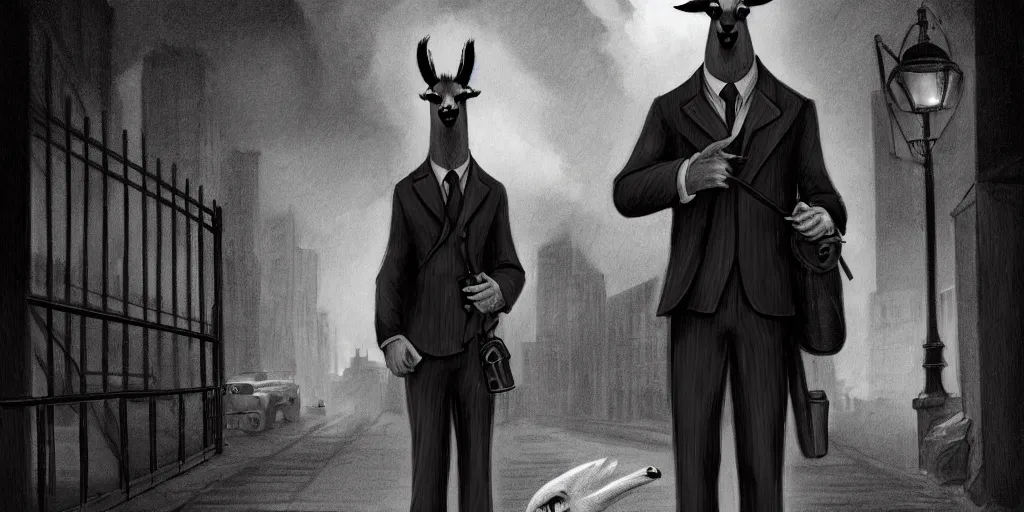 Image similar to a personified anthro llama ( with llama face ) wearing a 1 9 4 0's noire detective outfit, standing in the streets of chicago at night looking at a crime scene, d & d, fantasy, intricate, artstation, sharp focus, illustration, gustave dore, caravaggio,