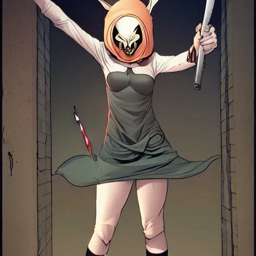 Prompt: style of Jaime McKelvie and Joshua Middleton comic book art, cinematic lighting, realistic, bunny mask female villain holding a bloody knife, The Purge, standing in an alleyway, full body sarcastic pose, knee high socks, symmetrical body, realistic body, night, horror