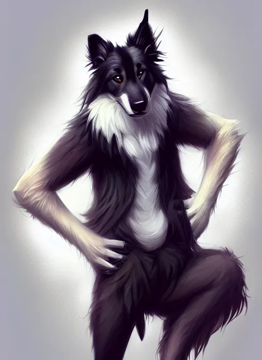 Prompt: wide angle beautiful full body portrait of a cute male anthropomorphic anthro border collie fursona wearing a tank top, character design by charlie bowater, henry asencio, and ross tran, furry art, furaffinity, beautiful, glamor pose, detailed, aesthetic, trending on artstation