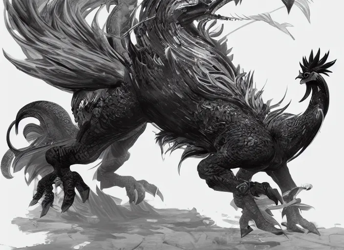 Prompt: detailed concept art of a huge giant rooster monster dragon by cheng yi and luolin, artstation, artstationhd