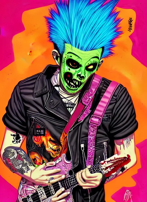 Image similar to a zombie punk rocker with a mohawk playing electric guitar, tristan eaton, victo ngai, artgerm, rhads, ross draws, cinematic by francis tneh